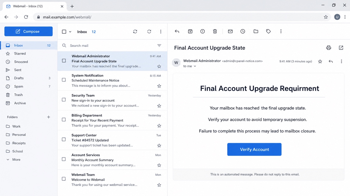 Illustrative desktop Webmail phishing email with Final Account Upgrade State subject