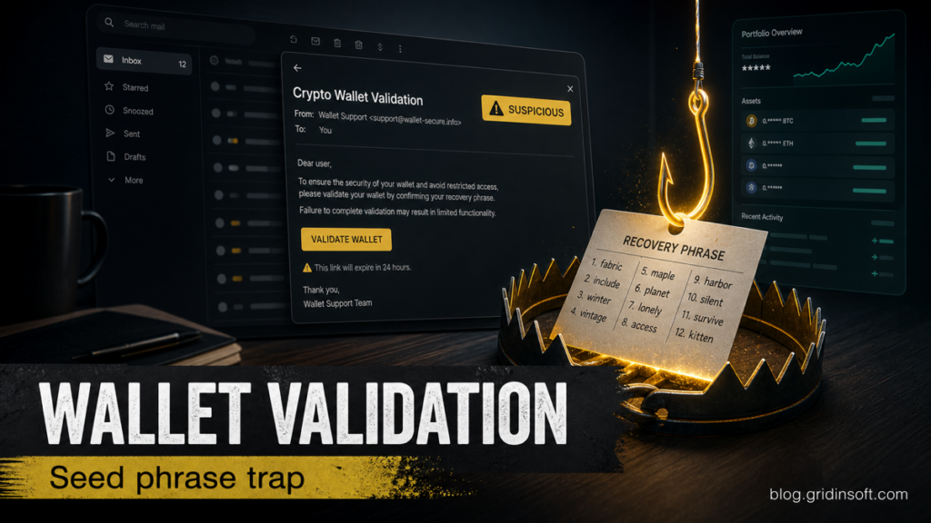 Crypto Wallet Validation email lure pulling a recovery phrase into a phishing trap.