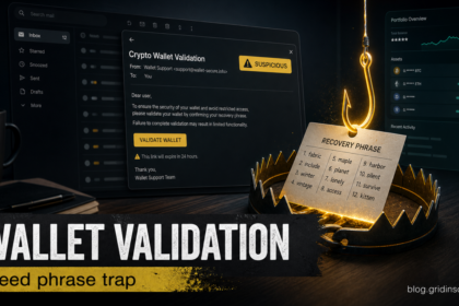 Crypto Wallet Validation email lure pulling a recovery phrase into a phishing trap.