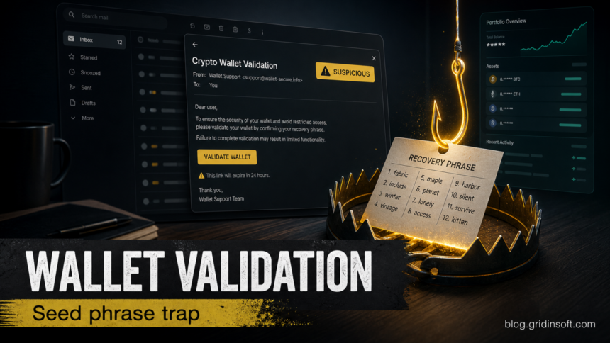 Crypto Wallet Validation email lure pulling a recovery phrase into a phishing trap.