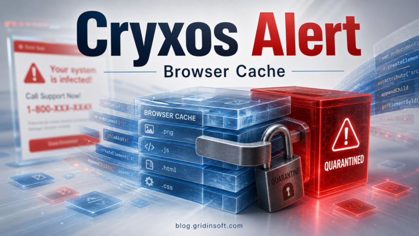 Editorial poster for Trojan:JS/Cryxos.ASI!MTB detected in browser cache.