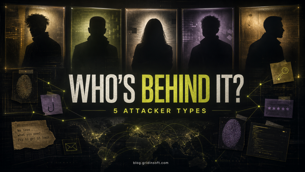 Who's behind it? Five attacker types shown as anonymous threat actors on an investigation wall.