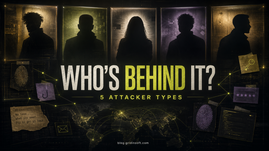 Who's behind it? Five attacker types shown as anonymous threat actors on an investigation wall.