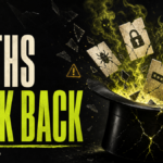 Cybersecurity myths breaking open from a cracked black hat with warning cards and lime light