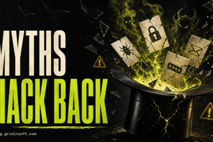 Cybersecurity myths breaking open from a cracked black hat with warning cards and lime light