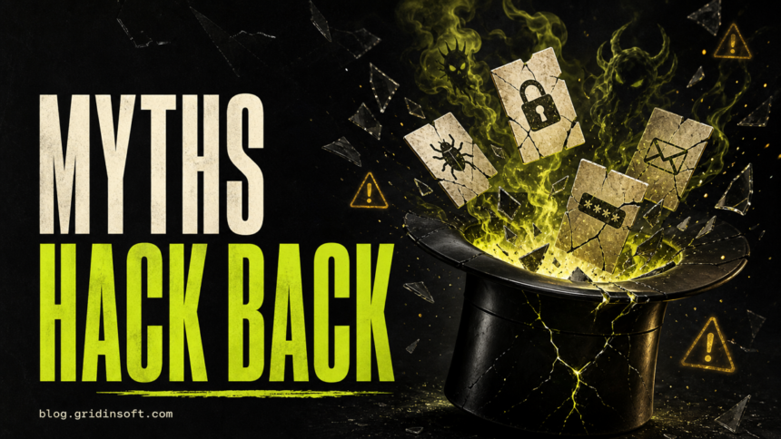 Cybersecurity Myths Debunked 1 Cybersecurity myths breaking open from a cracked black hat with warning cards and lime light