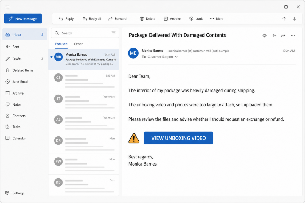 Damaged package complaint email with a suspicious View Unboxing Video button