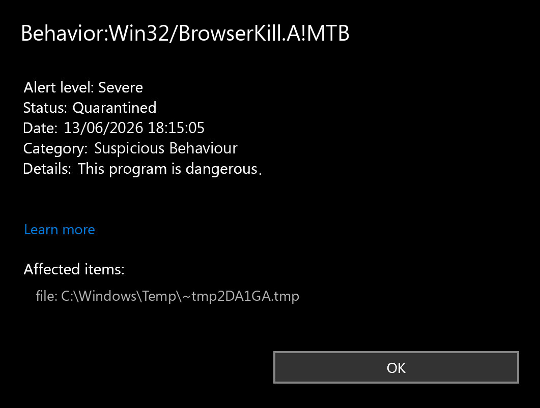 Microsoft Defender-style alert for Behavior:Win32/BrowserKill.A!MTB