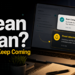 Clean scan result and repeated Defender-style threat popups on a Windows laptop.