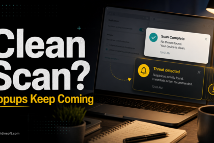 Clean scan result and repeated Defender-style threat popups on a Windows laptop.