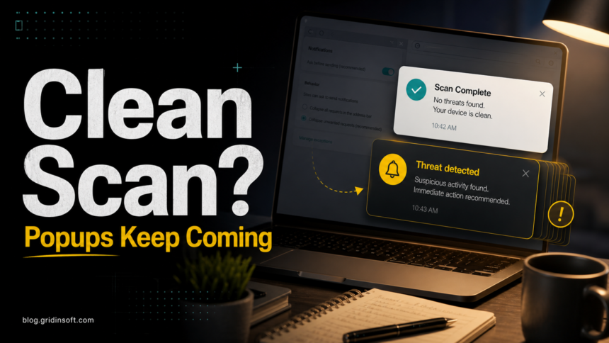 Clean scan result and repeated Defender-style threat popups on a Windows laptop.