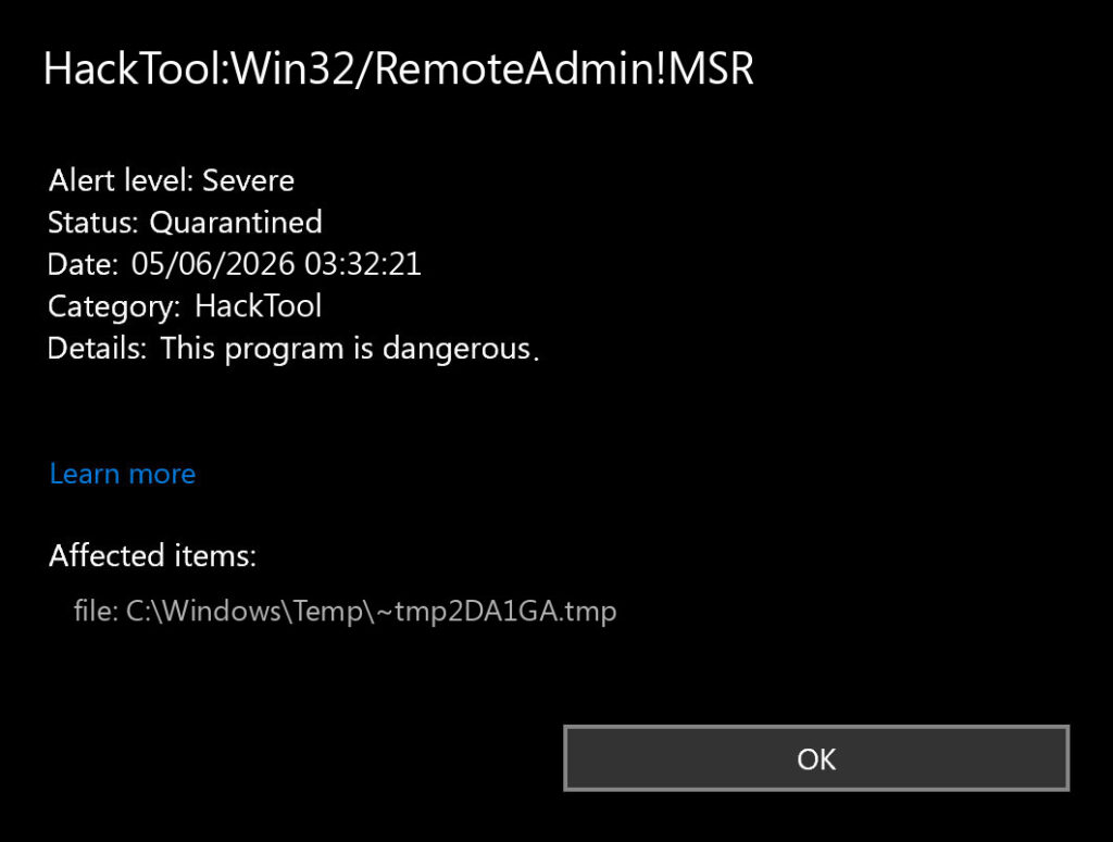 Microsoft Defender alert for HackTool:Win32/RemoteAdmin!MSR showing the item quarantined.