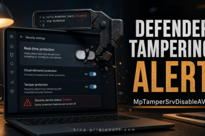 Defender tampering alert showing a disabled real-time protection switch and the MpTamperSrvDisableAV.H detection.