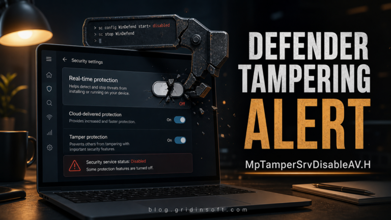 Defender tampering alert showing a disabled real-time protection switch and the MpTamperSrvDisableAV.H detection.