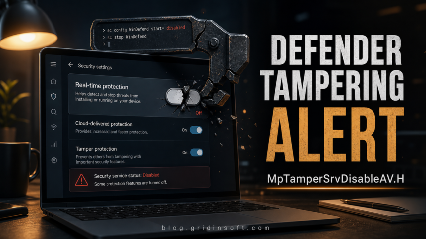 Defender tampering alert showing a disabled real-time protection switch and the MpTamperSrvDisableAV.H detection.