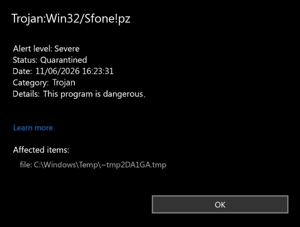 Microsoft Defender alert for Trojan:Win32/Sfone!pz showing the item quarantined.