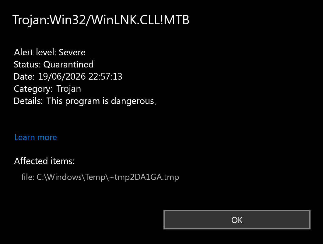 Trojan:Win32/WinLNK.CLL!MTB 3 Microsoft Defender alert for Trojan:Win32/WinLNK.CLL!MTB showing quarantined status