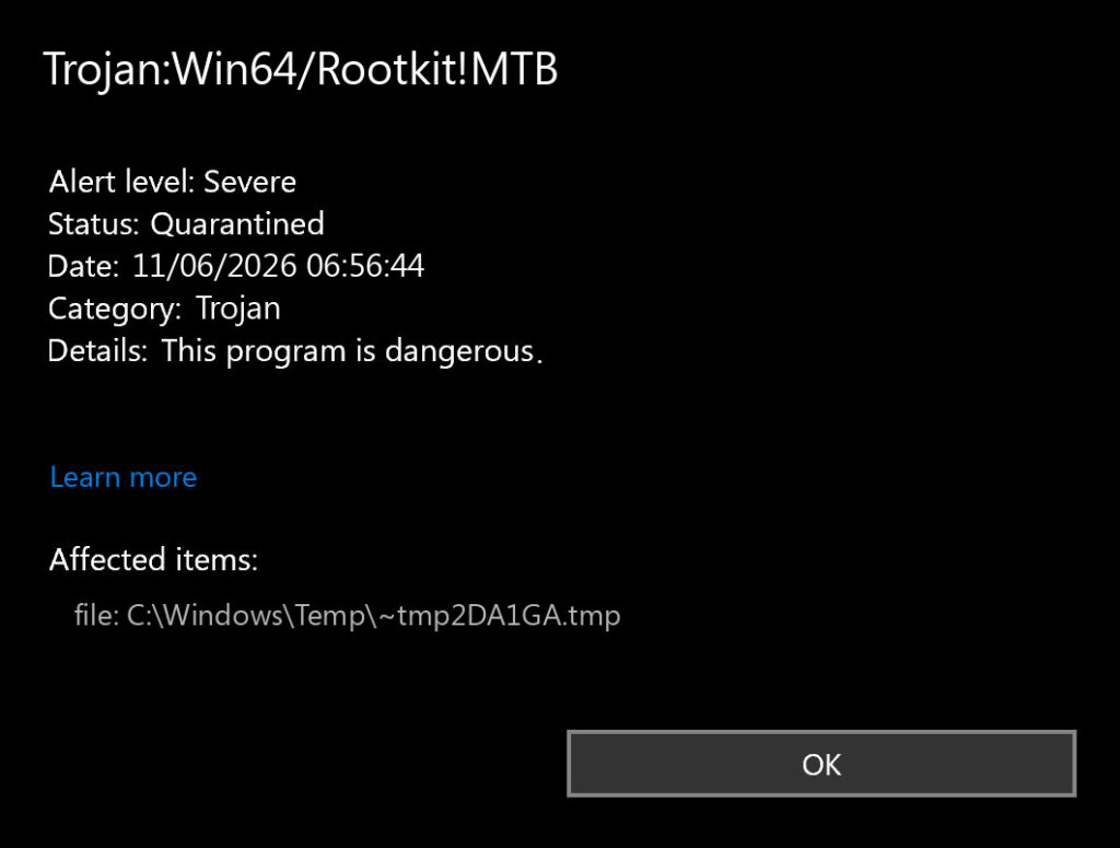 Microsoft Defender alert for Trojan:Win64/Rootkit!MTB showing the item quarantined.