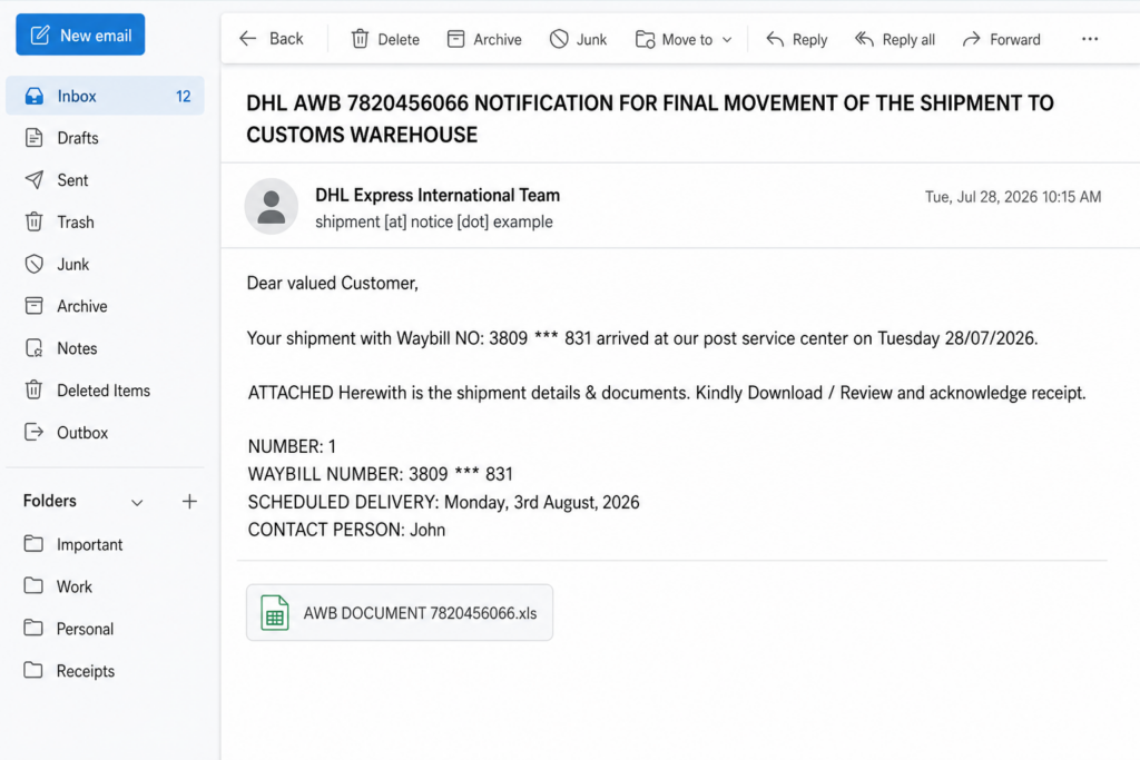 Illustrative DHL Shipment Arrived email with AWB DOCUMENT 7820456066.xls attached.
