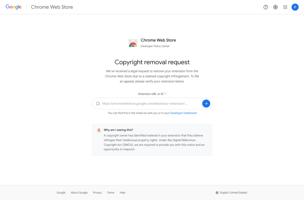 Real screenshot of a fake Chrome Web Store copyright removal request page on dmca-chrome-extensions.click.