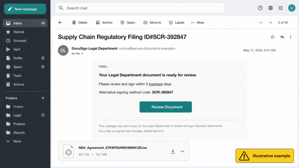 Example fake DocuSign Legal Department email opened in desktop mail