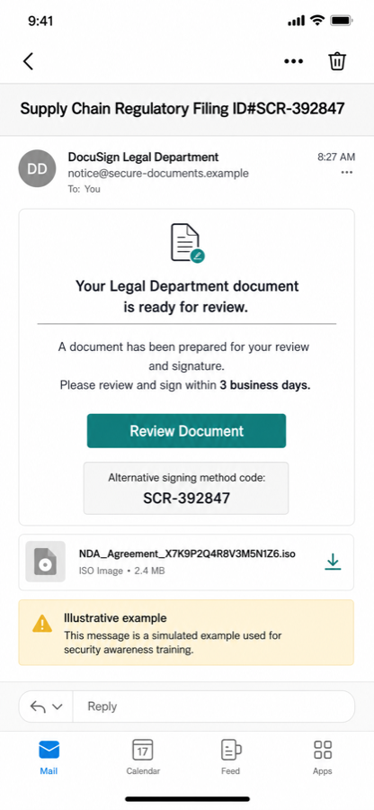 Example fake DocuSign Legal Department email opened in a mobile mail app