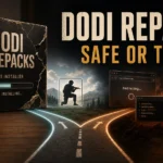 DODI Repacks safe-or-trap warning with a cracked installer box, redirect risk, and account exposure cues.