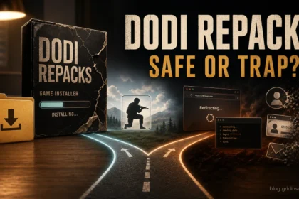 DODI Repacks safe-or-trap warning with a cracked installer box, redirect risk, and account exposure cues.