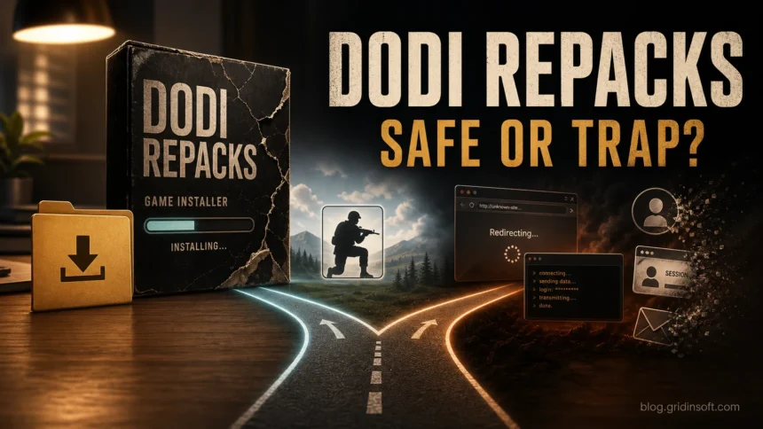 DODI Repacks safe-or-trap warning with a cracked installer box, redirect risk, and account exposure cues.