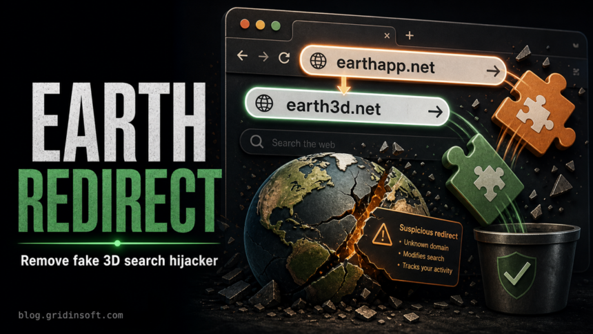 Earthapp.net and Earth3d.net browser redirect cleanup illustration.