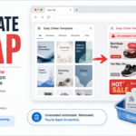 Template Trap poster showing Easy Online Templates ads and extension cleanup.