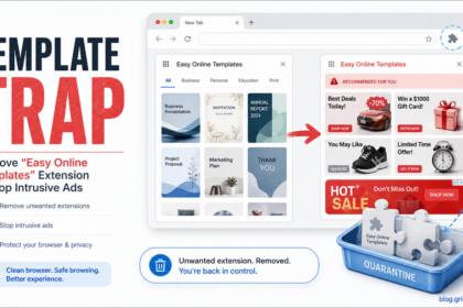 Template Trap poster showing Easy Online Templates ads and extension cleanup.