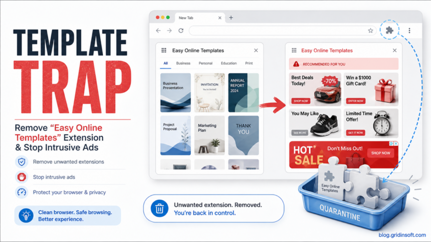 Template Trap poster showing Easy Online Templates ads and extension cleanup.