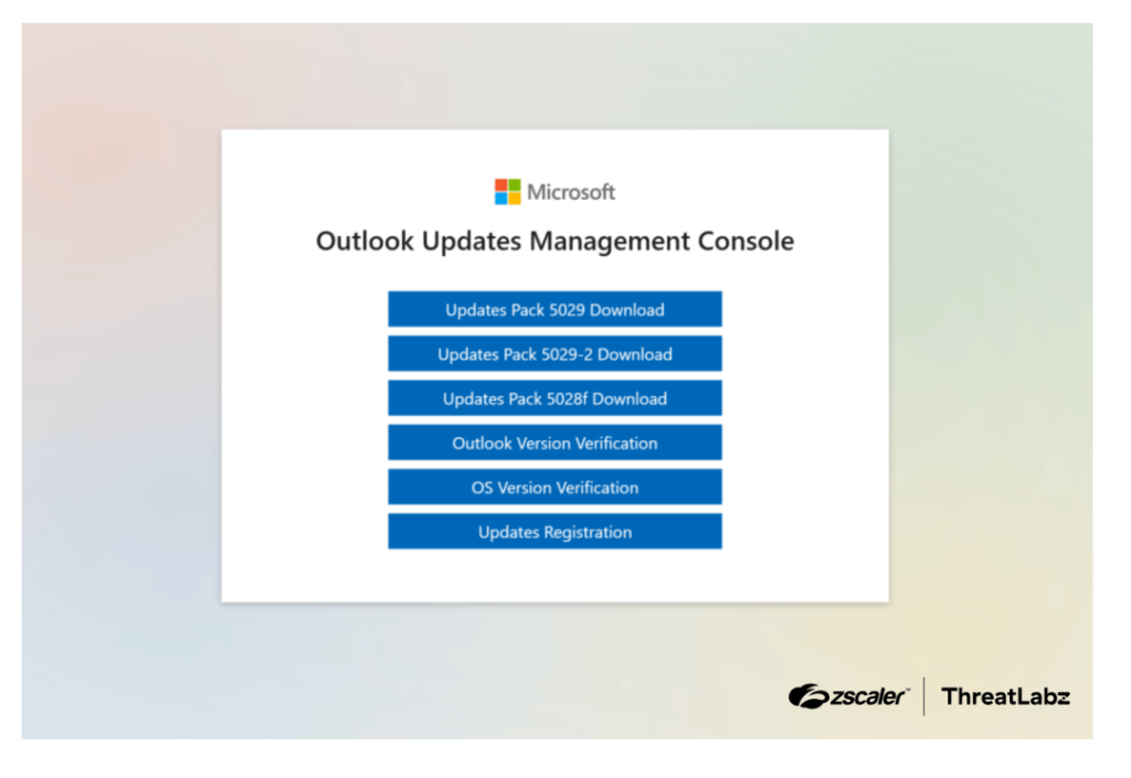 Fake Outlook Updates Management Console page used in Edgecution attacks.