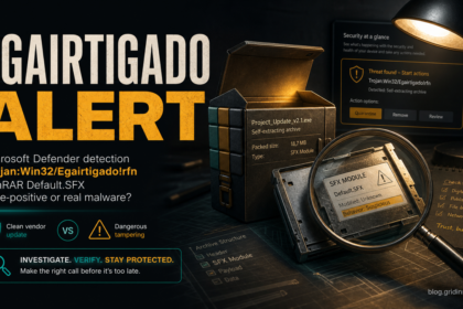 Trojan:Win32/Egairtigado!rfn Defender alert with a self-extracting archive under inspection.