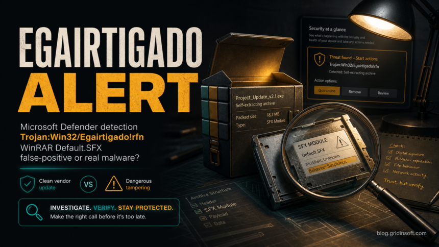 Trojan:Win32/Egairtigado!rfn 1 Trojan:Win32/Egairtigado!rfn Defender alert with a self-extracting archive under inspection.
