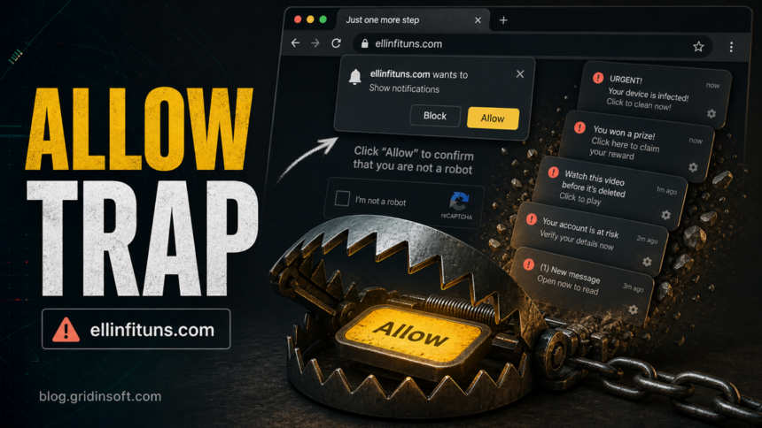 Ellinfituns.com Ads: Remove Fake Browser Notifications 1 Ellinfituns.com notification permission trap with fake browser alerts.