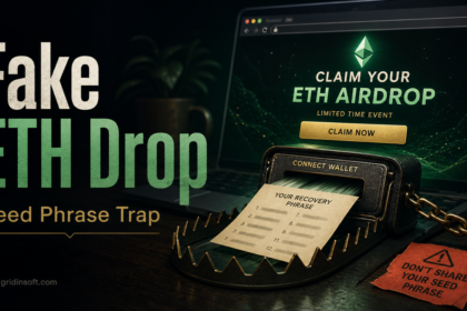 Fake ETH airdrop poster showing a recovery phrase trap.