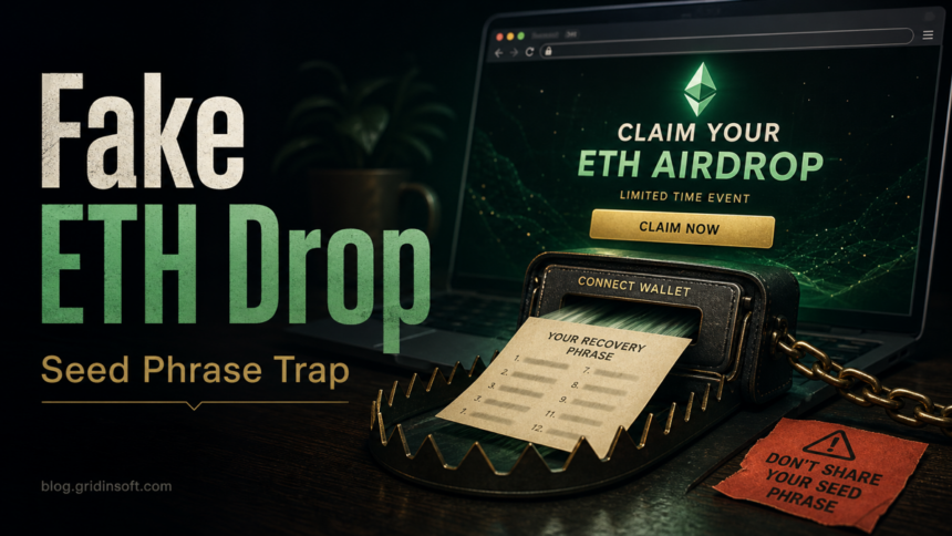 Ethereum Genesis Airdrop Scam: genesispool.org Seed Phrase Trap 1 Fake ETH airdrop poster showing a recovery phrase trap.