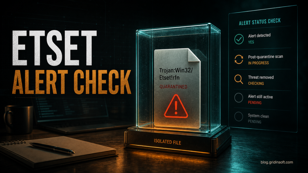 Etset alert check with a quarantined suspicious file and removal status panel.