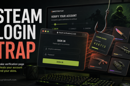 Fake FACEIT verification page with a fake Steam login window pulling Steam Guard and CS2 item cards into a phishing trap.