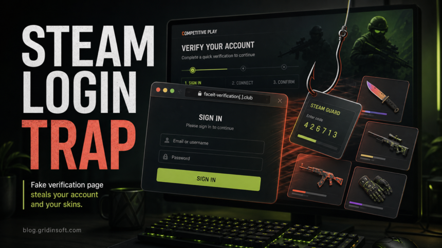 Fake FACEIT verification page with a fake Steam login window pulling Steam Guard and CS2 item cards into a phishing trap.