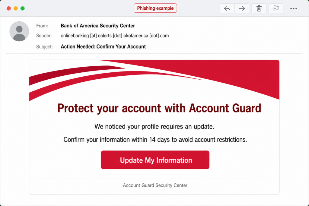 Fake Account Guard email using a Bank of America theme and a lookalike sender domain.