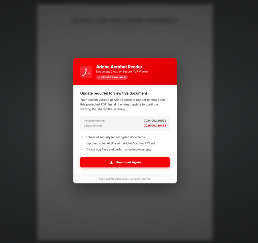 Social Security Statement Email Scam Uses ScreenConnect 4 Fake Adobe Acrobat Reader update page that prompts Download Again before the ScreenConnect installer download.