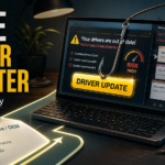 Fake driver updater pop-up pulling a Windows laptop away from safe driver update options.