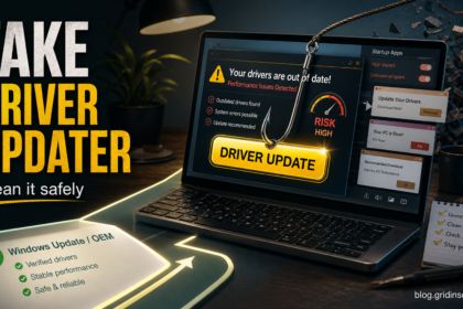 Fake driver updater pop-up pulling a Windows laptop away from safe driver update options.