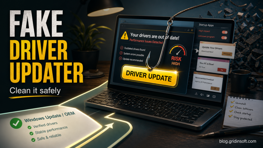 Fake Driver Updater Cleanup: Remove Pop-Ups and Leftovers 1 Fake driver updater pop-up pulling a Windows laptop away from safe driver update options.