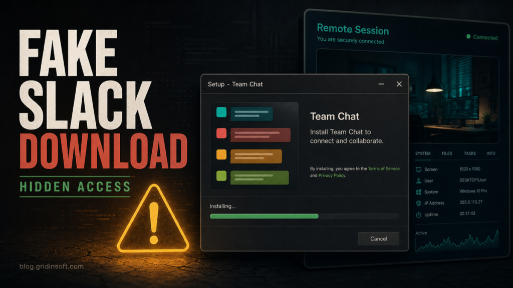 Fake Slack download malware warning with hidden remote access behind a generic installer