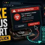 Fake virus alert pop-up with safe path to close the page and block notifications