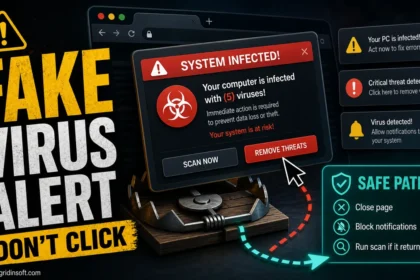 Fake virus alert pop-up with safe path to close the page and block notifications
